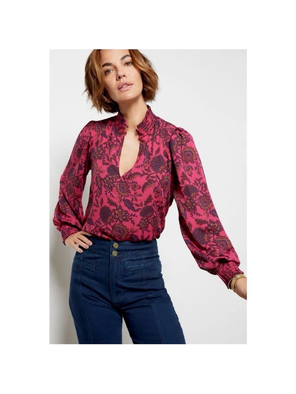 Evereve Fuchsia Floral Keyhole Blouse with Smocked Collar